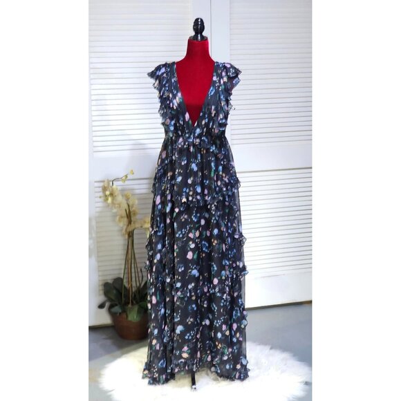 Mac Duggal Women's Black Floral Ruffled Chiffon Leena Maxi Dress Size 8 2808 - Picture 1 of 16